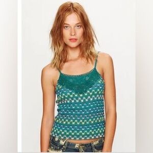 FREE PEOPLE Heartbeat Rochelle Electric Green Jade Tank Top Crochet Shirt